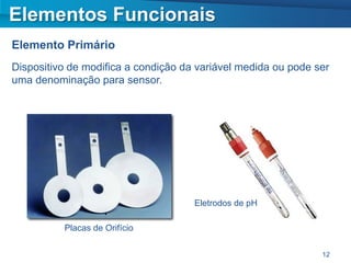 Elementos Funcionais
Elemento Primário
Dispositivo de modifica a condição da variável medida ou pode ser
uma denominação para sensor.




                                     Eletrodos de pH

          Placas de Orifício

                                                               12
 