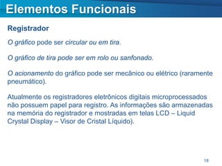 Elementos Funcionais
Registrador
O gráfico pode ser circular ou em tira.

O gráfico de tira pode ser em rolo ou sanfonado.

O acionamento do gráfico pode ser mecânico ou elétrico (raramente
pneumático).

Atualmente os registradores eletrônicos digitais microprocessados
não possuem papel para registro. As informações são armazenadas
na memória do registrador e mostradas em telas LCD – Liquid
Crystal Display – Visor de Cristal Líquido).




                                                              18
 