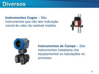 Diversos

Instrumentos Cegos – São
instrumentos que não tem indicação
visível do valor da variável medida.




                      Instrumentos de Campo – São
                      instrumentos instalados nos
                      equipamentos ou tubulações no
                      processo.



                                                      27
 