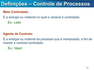 Definições – Controle de Processos
Meio Controlado:
É a energia ou material no qual a variável é controlada.
   Ex.: Leite


Agente de Controle:
É a energia ou material do processo que é manipulado, a fim de
manter a variável controlada.
   Ex.: Vapor




                                                           34
 