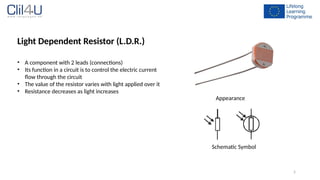 5
Light Dependent Resistor (L.D.R.)
• A component with 2 leads (connections)
• Its function in a circuit is to control the electric current
flow through the circuit
• The value of the resistor varies with light applied over it
• Resistance decreases as light increases
Appearance
Schematic Symbol
 