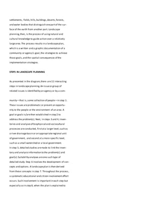 settlements, fields,hills,buildings,deserts,forests,
and water bodies that distinguish onepartof the sur-
face of the earth from another part. Landscape
planning,then, is the process of usingnatural and
cultural knowledge to guide action over a relatively
largearea.The process results in a landscapeplan,
which is a written and a graphic documentation of a
community or agency’s goal,the strategies to achieve
those goals,and the spatial consequences of the
implementation strategies.
STEPS IN LANDSCAPE PLANNING
As presented in the diagram,there are11 interacting
steps in landscapeplanning.An issueor group of
related issues is identified by an agency or by a com-
munity—that is,some collection of people—in step 1.
These issues areproblematic or present an opportu-
nity to the people or the environment of an area. A
goal or goals is/arethen established in step 2 to
address the problem(s). Next, in steps 3 and 4, inven-
tories and analysesof biophysical and sociocultural
processes areconducted, firstata larger level,such as
a river drainagebasin or an appropriateregional unit
of government, and second at a more specific level,
such as a small watershed or a local government.
In step 5, detailed studies aremade to link the inven-
tory and analysisinformation to the problem(s) and
goal(s).Suitability analyses areone such type of
detailed study. Step 6 involves the development of con-
cepts and options. A landscapeplan is then derived
from these concepts in step 7. Throughout the process,
a systematic educational and citizen involvement effort
occurs.Such involvement is importantin each step but
especially so in step 8, when the plan is explained to
 