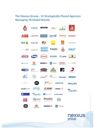 The Nexxus Group ‐ 12 Strategically Placed Agencies 
Managing 78 Global Brands 
Conﬁden5al ‐ All Rights Reserved ‐ Nexxus Group ‐ 08.08.12 
 