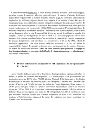14
Comme le montre la figure N°2, le choix du statut juridique encadrant l’activité développée,
prend en compte de nombreux éléments, particulièrement : le nombre d’associés légalement
requis et leur responsabilité, le montant du capital minimal exigé, les contraintes administratives
impliquées, les différents régimes fiscaux pour lesquels il est possible d’opter. Du type de
structure juridique choisi dépendent certaines obligations impliquant des coûts, aussi bien lors de
la création que durant la période d’exploitation. Par exemple, la rédaction des statuts par acte
notarié représente un coût compris entre 1500 et 5000 euros en général. L’obligation juridique de
tenir une comptabilité assermentée nécessite l’intervention d’un expert comptable, dont les frais
varient largement selon le type de comptabilité à tenir, en vue de la publication annuelle des
comptes. Le choix du statut juridique est donc le reflet de la vision stratégique de l’activité mise
en œuvre. Par exemple, pour la création d’une activité où le recours à des capitaux extérieurs et
les risques d’exploitation sont importants (ex : architecture), la SA ou la SARL offrent de
meilleures opportunités. Ces deux formes juridiques permettent à la fois de limiter la
responsabilité à l’apport des associés et donnent accès aux emprunts sur les marchés financiers
ou auprès des institutions bancaires. Ainsi, un statut juridique plus favorable se dégage en
fonction des aspirations et contraintes individuelles de chaque entrepreneur, et selon la nature
de l’activité commerciale.
 Données statistiques sur les créations des TPE : dynamique des divergences entre
EI et Sociétés
Après 7 années de hausse consécutive de créations d’entreprises (tous régimes confondus) en
France, le rythme des créations, hors régime de l’AE, a chuté depuis 2008, pour atteindre une
diminution record de 21.5% selon l’INSEE (Institut National de la Statistique et des Etudes
Economiques). Cette chute des créations, hors Auto-Entreprises, s’observe dans l’ensemble des
secteurs d’activité et à l’échelle de toutes les régions de France. Cependant, il faut nuancer ce
chiffre qui ne tient pas compte de l’effet de substitution déclenché par l’arrivée du nouveau
régime de l’AE en 2009. Il est évident que certaines entreprises auraient vu le jour même en
l’absence de ce nouveau régime. Une partie des AE est le produit d’un effet de substitution, mais
pas seulement. D’autres doivent leur existence uniquement au statut d’AE. D’ailleurs, les
créations d’Auto-Entreprises dépassent la baisse des créations tous types confondus. Le
« boom » de l’AE est évident.
 
