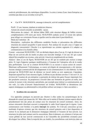 49
soulevée précédemment, des statistiques disponibles. La mise à terme d’une Auto-Entreprise ne
constitue pas dans ce cas un échec (voir p27).
Cas N°4 : M.OLIVIER M., massage à domicile, activité complémentaire
Profil : 21 ans, homme, étudiant en médecine chinoise.
Acteurs de conseil consultés au préalable : aucun.
Motivations du contact : AE déclaré début 2009, cette structure dégage de faibles revenus
complémentaires (150 euros par mois). M.OLIVIER souhaite savoir s’il existe des options
pour alléger ses versements fiscaux et quelles sont les aides dont il peut bénéficier.
Durée de l’entretien : 2h
Description : explication des différentes modalités fiscales et présentation des différentes
structures de conseil auxquelles il peut recourir. Puis analyse de ses prix avec à l’appui un
diagnostic concurrentiel. Cherche à se repositionner sur certains segments et à adapter sa
communication à la clientèle ciblée.
Constat : concernant M.OLIVIER, l’AE est déclarée depuis plus d’un an. Il s’agit de dresser un
bilan de son activité afin de mettre en place une nouvelle stratégie. C’est une AE qui a pour
objectif de compléter ses revenus, cette activité s’inscrit en complément de ses études.
Analyse : dans ce cas de figure, M.OLIVIER est un AE qui ne souhaite pas exercer à temps
plein. Il s’agit d’apporter quelques modifications à l’ossature de l’entreprise afin de la rendre
plus performante. Lors de sa création M.OLIVIER n’a eu recours à aucun acteur de conseil.
Maitrisant suffisamment l’informatique, sa source privilégiée de renseignements a été internet.
Aucune stratégie commerciale/de développement ou de communication n’a été élaborée. Le but
principal de M.OLIVIER était de déclarer un travail réalisé au noir auparavant. Cependant,
disposant aujourd’hui d’une structure légale, il affirme ne pas déclarer environ 1/3 de son CA. La
révision de l’ossature de son entreprise va permettre de réaliser des gains fiscaux importants lors
des prochains exercices. Sa propension à investir dans une formation de gestion est nulle, tout
comme le recours à des structures spécialisées, par exemple pour réaliser sa communication, un
site web…Le refus d’investir financièrement est évident. M.OLIVIER se désintéresse des
aspects stratégiques ou administratifs et dit préférer utiliser son temps à « faire son métier ».
 Synthèse des cas concrets
Ces approches pratiques ne peuvent pas illustrer à elles seules les caractéristiques de la
demande de conseil qui émane des AE. Mais elles ont le mérite d’illustrer certains aspects décrits
précédemment lors des prises de contact avec les structures de conseil existantes. Ainsi, les
acteurs rencontrés cherchent souvent à comprendre le cadre fiscal imposé par le régime. Leurs
connaissances sont limitées à la partie émergée du système. Ils n’ont pas conscience qu’une
multitude d’options existent, que des structures de conseil gratuites sont à leur disposition et
surtout ils ne réalisent pas la dimension stratégique inhérente à l’ossature de leur activité. Les
structures les plus mal connues sont les associations. Bien évidement, ces créateurs n’ont pas une
vision globale de leur activité commerciale et de l’ensemble des possibilités existantes pour
développer leur affaire. Dans la majorité des cas étudiés, les consultations sont motivées dans un
 