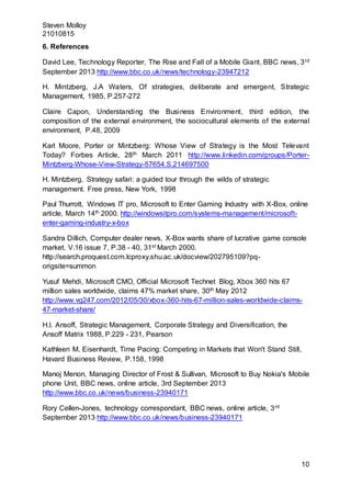 Steven Molloy
21010815
10
6. References
David Lee, Technology Reporter, The Rise and Fall of a Mobile Giant, BBC news, 3rd
September 2013 http://www.bbc.co.uk/news/technology-23947212
H. Mintzberg, J.A Waters, Of strategies, deliberate and emergent, Strategic
Management, 1985, P.257-272
Claire Capon, Understanding the Business Environment, third edition, the
composition of the external environment, the sociocultural elements of the external
environment, P.48, 2009
Karl Moore, Porter or Mintzberg: Whose View of Strategy is the Most Televant
Today? Forbes Article, 28th March 2011 http://www.linkedin.com/groups/Porter-
Mintzberg-Whose-View-Strategy-57654.S.214697500
H. Mintzberg, Strategy safari: a guided tour through the wilds of strategic
management. Free press, New York, 1998
Paul Thurrott, Windows IT pro, Microsoft to Enter Gaming Industry with X-Box, online
article, March 14th 2000. http://windowsitpro.com/systems-management/microsoft-
enter-gaming-industry-x-box
Sandra Dillich, Computer dealer news, X-Box wants share of lucrative game console
market, V.16 issue 7, P.38 - 40, 31st March 2000.
http://search.proquest.com.lcproxy.shu.ac.uk/docview/202795109?pq-
origsite=summon
Yusuf Mehdi, Microsoft CMO, Official Microsoft Technet Blog, Xbox 360 hits 67
million sales worldwide, claims 47% market share, 30th May 2012
http://www.vg247.com/2012/05/30/xbox-360-hits-67-million-sales-worldwide-claims-
47-market-share/
H.I. Ansoff, Strategic Management, Corporate Strategy and Diversification, the
Ansoff Matrix 1988, P.229 - 231, Pearson
Kathleen M. Eisenhardt, Time Pacing: Competing in Markets that Won't Stand Still,
Havard Business Review, P.158, 1998
Manoj Menon, Managing Director of Frost & Sullivan, Microsoft to Buy Nokia's Mobile
phone Unit, BBC news, online article, 3rd September 2013
http://www.bbc.co.uk/news/business-23940171
Rory Cellen-Jones, technology correspondant, BBC news, online article, 3rd
September 2013 http://www.bbc.co.uk/news/business-23940171
 