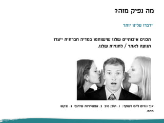 ‫מזה‬ ‫נפיק‬ ‫מה‬?
‫יותר‬ ‫עלינו‬ ‫ידברו‬
‫ייצרו‬ ‫חברתית‬ ‫במדיה‬ ‫שישותפו‬ ‫שלנו‬ ‫איכותיים‬ ‫תכנים‬
‫לאתר‬ ‫תנועה‬/‫שלנו‬ ‫לחנויות‬.
‫לשתף‬ ‫להם‬ ‫נגרום‬ ‫איך‬:1.‫טוב‬ ‫תוכן‬2.‫שיתוף‬ ‫אפשרויות‬3.‫נבקש‬
‫מהם‬.
 