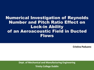 Numerical Investigation of Reynolds
Number and Pitch Ratio Effect on
Lock-in Ability
of an Aeroacoustic Field in Ducted
Flows
Dept. of Mechanical and Manufacturing Engineering
Trinity College Dublin
Cristina Paduano
 