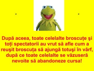 După aceea, toate celelalte broscuţe şi
toţi spectatorii au vrut să afle cum a
reuşit broscuţa să ajungă totuşi în vârf,
după ce toate celelalte se văzuseră
nevoite să abandoneze cursa!
 