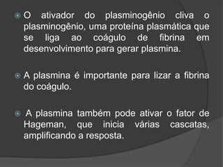 O ativador do plasminogênio cliva o
plasminogênio, uma proteína plasmática que
se liga ao coágulo de fibrina em
desenvolvimento para gerar plasmina.
 A plasmina é importante para lizar a fibrina
do coágulo.
 A plasmina também pode ativar o fator de
Hageman, que inicia várias cascatas,
amplificando a resposta.
 