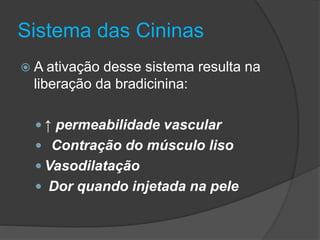 Sistema das Cininas
 A ativação desse sistema resulta na
liberação da bradicinina:
 ↑ permeabilidade vascular
 Contração do músculo liso
 Vasodilatação
 Dor quando injetada na pele
 
