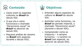 ● Como eram os aspectos
culturais no Brasil do
século XIX;
● O que era e como
funcionava o chamado
“Darwinismo social” no
Brasil no decorrer do
século XIX;
● Pequena análise do racismo
no Brasil (em especial,
durante o século XIX).
● Entender alguns aspectos da
cultura no Brasil do século
XIX;
● Assimilar como funcionou, no
Brasil do período imperial, o
chamado “Darwinismo social”
(durante o século XIX);
● Compreender como se
instaurou – e sempre
funcionou – o racismo no
Brasil (em especial, no
decorrer do século XIX).
Conteúdo Objetivos
 