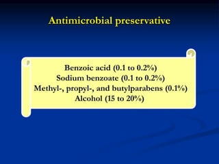 Antimicrobial preservative
Benzoic acid (0.1 to 0.2%)
Sodium benzoate (0.1 to 0.2%)
Methyl-, propyl-, and butylparabens (0.1%)
Alcohol (15 to 20%)
 