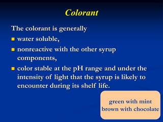 Colorant
The colorant is generally
 water soluble,
 nonreactive with the other syrup
components,
 color stable at the pH range and under the
intensity of light that the syrup is likely to
encounter during its shelf life.
green with mint
brown with chocolate
 