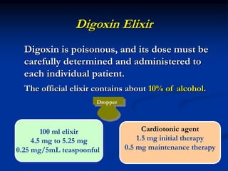 Digoxin Elixir
Digoxin is poisonous, and its dose must be
carefully determined and administered to
each individual patient.
The official elixir contains about 10% of alcohol.
100 ml elixir
4.5 mg to 5.25 mg
0.25 mg/5mL teaspoonful
Cardiotonic agent
1.5 mg initial therapy
0.5 mg maintenance therapy
Dropper
 