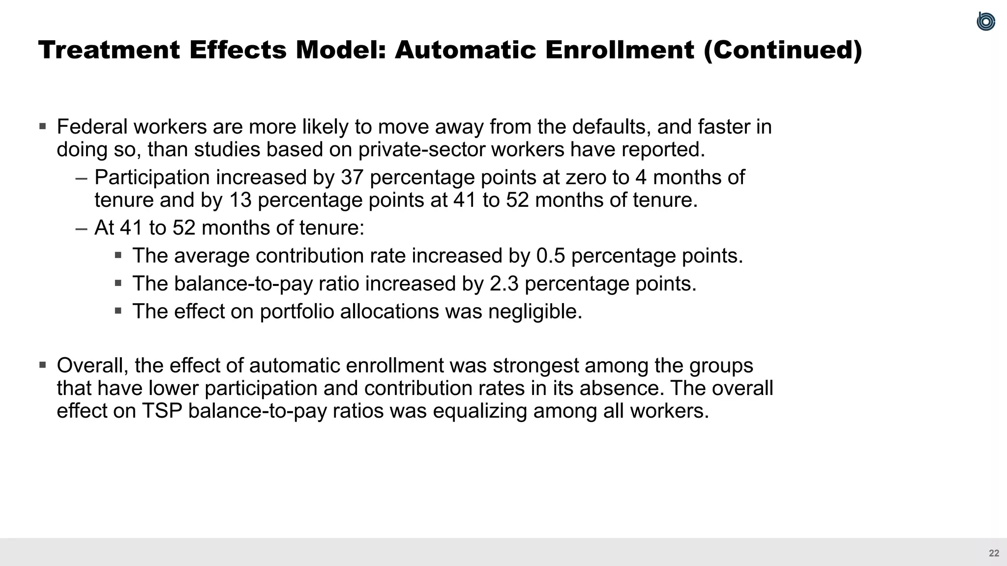 22
▪ Federal workers are more likely to move away from the defaults, and faster in
doing so, than studies based on private-sector workers have reported.
– Participation increased by 37 percentage points at zero to 4 months of
tenure and by 13 percentage points at 41 to 52 months of tenure.
– At 41 to 52 months of tenure:
▪ The average contribution rate increased by 0.5 percentage points.
▪ The balance-to-pay ratio increased by 2.3 percentage points.
▪ The effect on portfolio allocations was negligible.
▪ Overall, the effect of automatic enrollment was strongest among the groups
that have lower participation and contribution rates in its absence. The overall
effect on TSP balance-to-pay ratios was equalizing among all workers.
Treatment Effects Model: Automatic Enrollment (Continued)
 