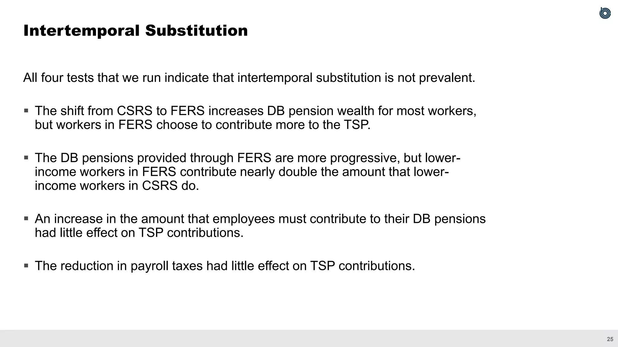 25
All four tests that we run indicate that intertemporal substitution is not prevalent.
▪ The shift from CSRS to FERS increases DB pension wealth for most workers,
but workers in FERS choose to contribute more to the TSP.
▪ The DB pensions provided through FERS are more progressive, but lower-
income workers in FERS contribute nearly double the amount that lower-
income workers in CSRS do.
▪ An increase in the amount that employees must contribute to their DB pensions
had little effect on TSP contributions.
▪ The reduction in payroll taxes had little effect on TSP contributions.
Intertemporal Substitution
 