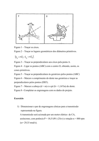 Figura 1 – Traçar os eixos.
Figura 2 – Traçar os lugares geométricos dos diâmetros primitivos.



Figura 3 – Traçar as perpendiculares aos eixos pela ponta A.
Figura 4 – Ligar os pontos (ABC) com o centro O, obtendo, assim, os
cones primitivos.
Figura 5 – Traçar as perpendiculares às geratrizes pelos pontos (ABC)
Figura 6 – Marcar o comprimento do dente nas geratrizes e traçar as
perpendiculares pelos pontos (DEF).
Figura 7 – Marcar a cabeça (d = m) e o pé (b = 1,167m) do dente.
Figura 8 - Completar as engrenagens com os dados do projeto.


Exercício


   1) Dimensionar o par de engrenagens cônicas para a transmissão
       representada na figura.
      A transmissão será acionada por um motor elétrico de CA,
      assíncrono, com potência P = 18,5 kW (-25cv) e rotação n = 880 rpm
      (ω= 29,33 πrad/s).
 