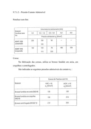 9.7.1.2 – Pressão Contato Admissível


Parafuso sem fim:




Coroa:
      Na fabricação das coroas, utiliza–se bronze fundido em areia, em
coquilhas e centrifugados.
      São indicadas as seguintes pressões admissíveis de contato σc :
 