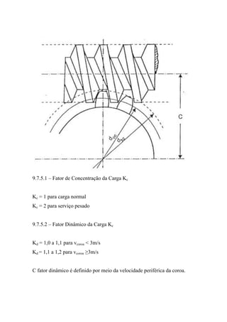 9.7.5.1 – Fator de Concentração da Carga Kc


Kc = 1 para carga normal
Kc = 2 para serviço pesado


9.7.5.2 – Fator Dinâmico da Carga Kc


Kd = 1,0 a 1,1 para vcoroa < 3m/s
Kd = 1,1 a 1,2 para vcoroa ≥3m/s


C fator dinâmico é definido por meio da velocidade periférica da coroa.
 