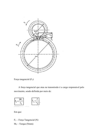 Força tangencial (FT)


    A força tangencial que atua na transmissão é a carga responsável pelo
movimento, sendo definida por meio de:




Em que:


FT – Força Tangencial (N)
MT – Torque (Nmm)
 