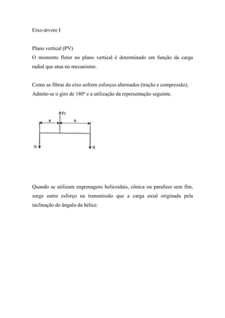 Eixo-árvore I


Plano vertical (PV)
O momento fletor no plano vertical é determinado em função da carga
radial que atua no mecanismo.


Como as fibras do eixo sofrem esforços alternados (tração e compressão),
Admite-se o giro de 180º e a utilização da representação seguinte.




Quando se utilizam engrenagens helicoidais, cônica ou parafuso sem fim,
surge outro esforço na transmissão que a carga axial originada pela
inclinação do ângulo da hélice.
 