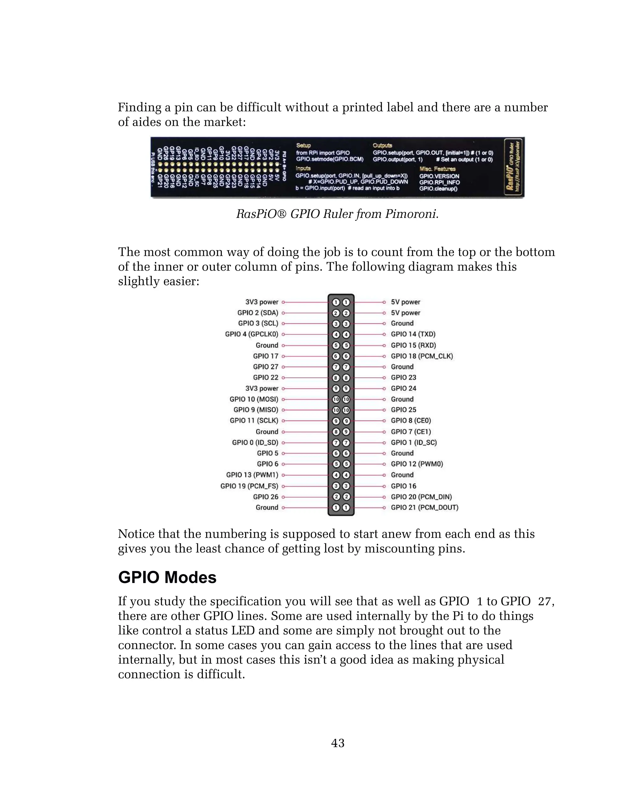 Finding a pin can be difficult without a printed label and there are a number
of aides on the market:
RasPiO® GPIO Ruler from Pimoroni.
The most common way of doing the job is to count from the top or the bottom
of the inner or outer column of pins. The following diagram makes this
slightly easier:
Notice that the numbering is supposed to start anew from each end as this
gives you the least chance of getting lost by miscounting pins.
GPIO Modes
If you study the specification you will see that as well as GPIO 1 to GPIO 27,
there are other GPIO lines. Some are used internally by the Pi to do things
like control a status LED and some are simply not brought out to the
connector. In some cases you can gain access to the lines that are used
internally, but in most cases this isn’t a good idea as making physical
connection is difficult.
43
 