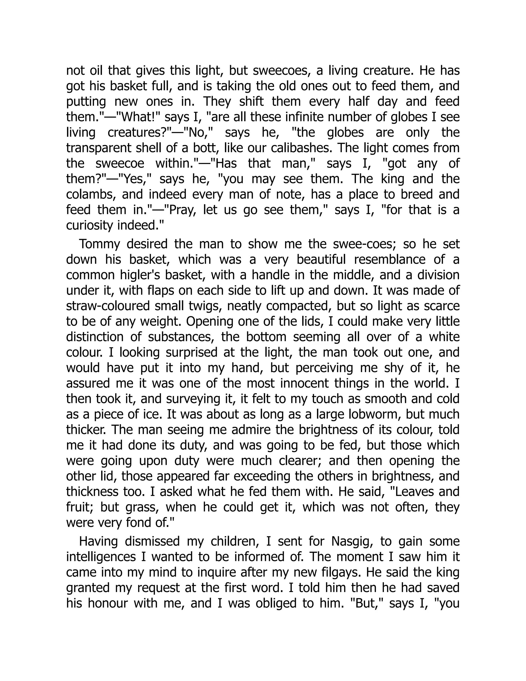 not oil that gives this light, but sweecoes, a living creature. He has
got his basket full, and is taking the old ones out to feed them, and
putting new ones in. They shift them every half day and feed
them."—"What!" says I, "are all these infinite number of globes I see
living creatures?"—"No," says he, "the globes are only the
transparent shell of a bott, like our calibashes. The light comes from
the sweecoe within."—"Has that man," says I, "got any of
them?"—"Yes," says he, "you may see them. The king and the
colambs, and indeed every man of note, has a place to breed and
feed them in."—"Pray, let us go see them," says I, "for that is a
curiosity indeed."
Tommy desired the man to show me the swee-coes; so he set
down his basket, which was a very beautiful resemblance of a
common higler's basket, with a handle in the middle, and a division
under it, with flaps on each side to lift up and down. It was made of
straw-coloured small twigs, neatly compacted, but so light as scarce
to be of any weight. Opening one of the lids, I could make very little
distinction of substances, the bottom seeming all over of a white
colour. I looking surprised at the light, the man took out one, and
would have put it into my hand, but perceiving me shy of it, he
assured me it was one of the most innocent things in the world. I
then took it, and surveying it, it felt to my touch as smooth and cold
as a piece of ice. It was about as long as a large lobworm, but much
thicker. The man seeing me admire the brightness of its colour, told
me it had done its duty, and was going to be fed, but those which
were going upon duty were much clearer; and then opening the
other lid, those appeared far exceeding the others in brightness, and
thickness too. I asked what he fed them with. He said, "Leaves and
fruit; but grass, when he could get it, which was not often, they
were very fond of."
Having dismissed my children, I sent for Nasgig, to gain some
intelligences I wanted to be informed of. The moment I saw him it
came into my mind to inquire after my new filgays. He said the king
granted my request at the first word. I told him then he had saved
his honour with me, and I was obliged to him. "But," says I, "you
 