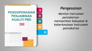 05
04
03
02
01
P e n g e s a n a n
Lorem ipsum dolor sit amet,
consectetuer adipiscing
elit. Maecenas porttitor
congue massa. Fusce posuere,
magna sed pulvinar
ultricies, purus lectus
malesuada libero, sit amet
commodo magna eros quis
urna.
Menilai instrumen
pentaksiran-
memastikan kekuatan &
keberkesanan instrumen
pentaksiran
Pengesanan
PENGOPERASIAN
PENJAMINAN
KUALITI PBD
2019
 