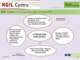 Learn More > NGfl Cymru Microsoft UK Partners in learning Network Virtual Classroom Tour
2010NGfL Cymru Innovative Education Forum 2011
Jeff Moses 2011
12
LITERATURE
AND MUSIC
Jewish composers such
as Mahler and
Mendelssohn banned.
Jazz labelled ‘decadent’
Exodus of 2500
German writers
including Thomas
Mann
Hitler’s favourites, Wagner,
Strauss and Bruckner
predominated
Hard to identify
a single book,
play or poem
written and
approved during
Third Reich
worthy of
recognition
Mendelssohn’s
Violin Concerto
Wagner’s
Ride of the Valkyries
Audio mendelssohn/wagner
 