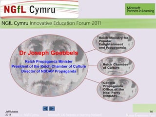 Learn More > NGfl Cymru Microsoft UK Partners in learning Network Virtual Classroom Tour
2010NGfL Cymru Innovative Education Forum 2011
Jeff Moses
2011
16
Dr Joseph Goebbels
Reich Propaganda Minister
President of the Reich Chamber of Culture
Director of NSDAP Propaganda
 
