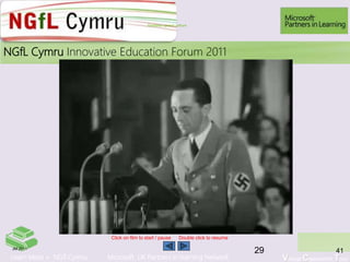 Learn More > NGfl Cymru Microsoft UK Partners in learning Network Virtual Classroom Tour
2010NGfL Cymru Innovative Education Forum 2011
GOEBBELS SPEECH ON CULTURE
JM 2011
41
Click on film to start / pause Double click to resume
Goebbles speech culture
29
 