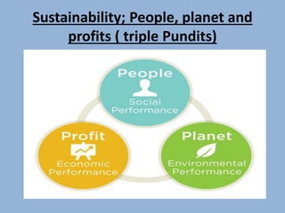 Sustainability; People, planet and
profits ( triple Pundits)
 