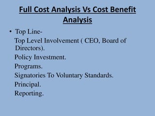 Full Cost Analysis Vs Cost Benefit
Analysis
• Top Line-
Top Level Involvement ( CEO, Board of
Directors).
Policy Investment.
Programs.
Signatories To Voluntary Standards.
Principal.
Reporting.
 