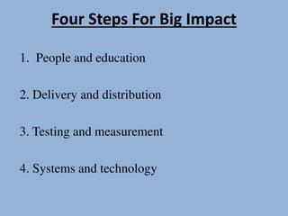 Four Steps For Big Impact
1. People and education
2. Delivery and distribution
3. Testing and measurement
4. Systems and technology
 