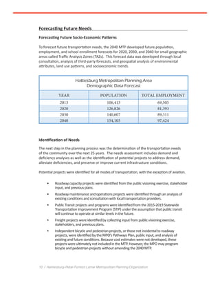 10 / Hattiesburg-Petal-Forrest-Lamar Metropolitan Planning Organization
Forecasting Future Needs
Forecasting Future Socio-Economic Patterns
To forecast future transportation needs, the 2040 MTP developed future population,
employment, and school enrollment forecasts for 2020, 2030, and 2040 for small geographic
areas called Traffic Analysis Zones (TAZs). This forecast data was developed through local
consultation, analysis of third-party forecasts, and geospatial analysis of environmental
attributes, land use patterns, and socioeconomic trends.
Hattiesburg Metropolitan Planning Area
Demographic Data Forecast
YEAR POPULATION TOTAL EMPLOYMENT
2013 106,413 69,505
2020 126,826 81,393
2030 140,607 89,311
2040 154,105 97,424
Identification of Needs
The next step in the planning process was the determination of the transportation needs
of the community over the next 25 years. The needs assessment includes demand and
deficiency analyses as well as the identification of potential projects to address demand,
alleviate deficiencies, and preserve or improve current infrastructure conditions.
Potential projects were identified for all modes of transportation, with the exception of aviation.
•	 Roadway capacity projects were identified from the public visioning exercise, stakeholder
input, and previous plans.
•	 Roadway maintenance and operations projects were identified through an analysis of
existing conditions and consultation with local transportation providers.
•	 Public Transit projects and programs were identified from the 2015-2019 Statewide
Transportation Improvement Program (STIP) under the assumption that public transit
will continue to operate at similar levels in the future.
•	 Freight projects were identified by collecting input from public visioning exercise,
stakeholders, and previous plans.
•	 Independent bicycle and pedestrian projects, or those not incidental to roadway
projects, were identified by the MPO’s Pathways Plan, public input, and analysis of
existing and future conditions. Because cost estimates were not developed, these
projects were ultimately not included in the MTP. However, the MPO may program
bicycle and pedestrian projects without amending the 2040 MTP.
 