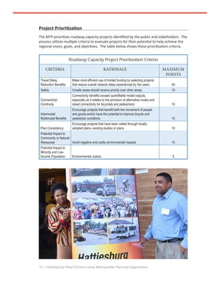 12 / Hattiesburg-Petal-Forrest-Lamar Metropolitan Planning Organization
Project Prioritization
The MTP prioritizes roadway capacity projects identified by the public and stakeholders. The
process utilizes multiple criteria to evaluate projects for their potential to help achieve the
regional vision, goals, and objectives. The table below shows these prioritization criteria.
Roadway Capacity Project Prioritization Criteria
CRITERIA RATIONALE MAXIMUM
POINTS
Travel Delay
Reduction Benefits
Make most efficient use of limited funding by selecting projects
that reduce overall network delay experienced by the users 40
Safety Unsafe areas should receive priority over other areas. 15
Connectivity/
Continuity
Connectivity benefits exceed quantifiable model outputs,
especially as it relates to the provision of alternative routes and
street connectivity for bicyclists and pedestrians 10
Intermodal/
Multimodal Benefits
Encourage projects that benefit both the movement of people
and goods and/or have the potential to improve bicycle and
pedestrian conditions 10
Plan Consistency
Encourage projects that have been vetted through locally-
adopted plans, existing studies or plans 10
Potential Impact to
Community or Natural
Resources Avoid negative and costly environmental impacts 10
Potential Impact to
Minority and Low-
Income Population Environmental Justice 5
 