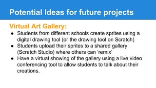 Potential Ideas for future projects 
Virtual Art Gallery: 
● Students from different schools create sprites using a 
digital drawing tool (or the drawing tool on Scratch) 
● Students upload their sprites to a shared gallery 
(Scratch Studio) where others can ‘remix’ 
● Have a virtual showing of the gallery using a live video 
conferencing tool to allow students to talk about their 
creations. 
 