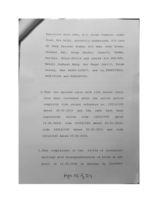 Delhi Police Complaint dated 30.05.2016 against Criminal intimidation