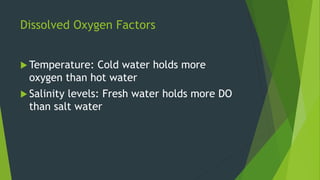 Dissolved Oxygen Factors
 Temperature: Cold water holds more
oxygen than hot water
 Salinity levels: Fresh water holds m...