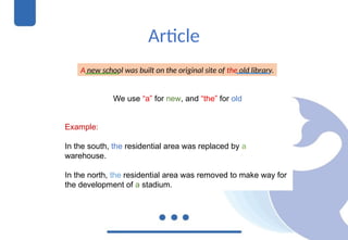 Article
A new school was built on the original site of the old library.
We use “a” for new, and “the” for old
Example:
In the south, the residential area was replaced by a
warehouse.
In the north, the residential area was removed to make way for
the development of a stadium.
 