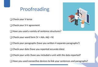 Proofreading
❑ Check your V tense
❑ Check your S-V agreement
❑ Have you used a variety of sentence structures?
❑ Check your word form (V + Adv, Adj + N)
❑ Check your paragraphs (have you written 4 separate paragraphs?)
❑ Check your data (have you reported accurate data)
❑ Check your units (have you included a unit with the data reported?
❑ Have you used connective devices to link your sentences and paragraphs?
 