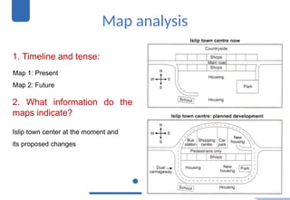 Map analysis
1. Timeline and tense:
Map 1: Present
Map 2: Future
2. What information do the
maps indicate?
Islip town center at the moment and
its proposed changes
 
