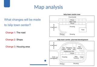 Map analysis
What changes will be made
to Islip town center?
Change 1: The road
Change 2: Shops
Change 3: Housing area
 