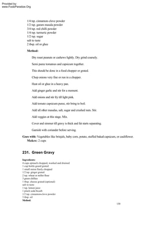 Provided by:
www.FoolzParadize.Org




                  1/4 tsp. cinnamon-clove powder
                  1/2 tsp. garam masala powder
                  3/4 tsp. red chilli powder
                  1/4 tsp. turmeric powder
                  1/2 tsp. sugar
                  salt to taste
                  2 tbsp. oil or ghee

                  Method:

                        Dry roast peanuts or cashews lightly. Dry grind coarsely.

                        Semi puree tomatoes and capsicum together.

                        This should be done in a food chopper or grated.

                        Chop onions very fine or run in a chopper.

                        Heat oil or ghee in a heavy pan.

                        Add ginger garlic and stir for a moment.

                        Add onions and stir fry till light pink.

                        Add tomato capsicum puree, stir bring to boil.

                        Add all other masalas, salt, sugar and crushed nuts. Stir.

                        Add veggies at this stage. Mix.

                        Cover and simmer till gravy is thick and fat starts separating.

                        Garnish with coriander before serving.

              Goes with: Vegetables like brinjals, baby corn, potato, stuffed baked capsicum, or cauliflower.
                 Makes: 2 cups


              231. Green Gravy
              Ingredients:
              4 cups spinach chopped, washed and drained
              1 cup bottle gourd grated
              1 small onion finely chopped
              1/2 tsp. ginger grated
              2 tsp. wheat or millet flour
              3 green chillies
              1 tbsp. cheese grated (optional)
              salt to taste
              1 tsp. lemon juice
              1 pinch soda bicarb
              1/2 tsp. cinnamon-clove powder
              3 tbsp. oil
              Method:
                                                                                              130
 