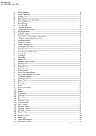 Provided by:
www.FoolzParadize.Org




              59.       Baked Bread Rolls ..............................................................................................................................................44
              60.       Simple Potato Cake ............................................................................................................................................44
              61.       Mix Veg Curry ....................................................................................................................................................45
              62.       Palak Paneer........................................................................................................................................................46
              63.       Mysore Pak (South Indian Dish).....................................................................................................................46
              64.       Cabbage Kofta Curry ........................................................................................................................................47
              65.       Pineapple Gojju ..................................................................................................................................................47
              66.       Tur Dal Kofta......................................................................................................................................................48
              67.       Tikha Baigan Masala.........................................................................................................................................49
              68.       Vaangi Baath (Brinjal Rice)...............................................................................................................................49
              69.       Bread Besan Bajji...............................................................................................................................................50
              70.       Vegetable Cutlet.................................................................................................................................................50
              71.       Kesar Pista Kulfi ................................................................................................................................................51
              72.       Apple, Banana & Carrot Halwa (ABC Halwa)...............................................................................................51
              73.       Avial (Mixed Vegetables With Sauce)...........................................................................................................53
              74.       Milagu Kuzhambu .............................................................................................................................................54
              75.       Paruppu Thogaiyal............................................................................................................................................54
              76.       Erissery (Maya Nair).........................................................................................................................................54
              77.       Vella Appam (PK John).....................................................................................................................................55
              78.       Poricha Koottu...................................................................................................................................................55
              79.       Aviyal..................................................................................................................................................................55
              80.       Tamarind pickle (Pulikkachal) ..........................................................................................................................55
              81.       7-cup sweet.........................................................................................................................................................56
              82.       VenPongal...........................................................................................................................................................56
              83.       Lime pickle ..........................................................................................................................................................56
              84.       Ginger Pickle .......................................................................................................................................................56
              85.       Coriander-tomato chutney ...............................................................................................................................56
              86.       Paruppu podi......................................................................................................................................................57
              87.       Curd Vadai..........................................................................................................................................................57
              88.       Vegetable Cutlet.................................................................................................................................................57
              89.       Rasam Powder....................................................................................................................................................57
              90.       Sambar powder...................................................................................................................................................58
              91.       Bonda with mashed potato..............................................................................................................................58
              92.       Dahi Vada (Savory Balls In Yogurt)................................................................................................................58
              93.       VEGETABLE Kurma ..........................................................................................................................................59
              94.       More Kozhambhu..............................................................................................................................................59
              95.       Lemon Pickle.......................................................................................................................................................60
              96.       Ras Malai ............................................................................................................................................................60
              97.       Pulikacchal..........................................................................................................................................................61
              98.       Gotsu ...................................................................................................................................................................61
              99.       Katirikka Rasavangi...........................................................................................................................................62
              100. Pitlai.....................................................................................................................................................................62
              101. Erucheri ...............................................................................................................................................................63
              102. Venn pongal.......................................................................................................................................................63
              103. Badusha ..............................................................................................................................................................64
              104. Dum Alu..............................................................................................................................................................64
              105. Haaq.....................................................................................................................................................................64
              106. Simla mirch sabzi................................................................................................................................................65
              107. Tomato Chutney ................................................................................................................................................65
              108. Mint Chutney.....................................................................................................................................................65
              109. Coconut Chutney ..............................................................................................................................................66
              110. Coriander Chutney ............................................................................................................................................66
              111. Moolangi Chutney ............................................................................................................................................66
              112. Pinapple Gojju ....................................................................................................................................................67
              113.....................................................................................................................................................................................68
              114. Bittergourd Gojju ...............................................................................................................................................68
              115. Bhindi Gojju ........................................................................................................................................................68
              116. Sweet Mango Chutney .....................................................................................................................................69
              117. Hot Mango Chutney.........................................................................................................................................69
                                                                                                                                                                            2
 