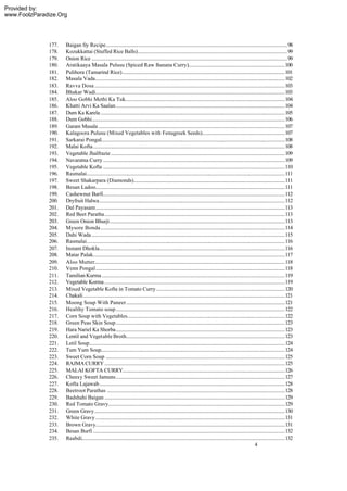 Provided by:
www.FoolzParadize.Org




              177.   Baigan fry Recipe...............................................................................................................................................98
              178.   Kozukkattai (Stuffed Rice Balls)......................................................................................................................99
              179.   Onion Rice ..........................................................................................................................................................99
              180.   Aratikaaya Masala Pulusu (Spiced Raw Banana Curry)............................................................................100
              181.   Pulihora (Tamarind Rice)................................................................................................................................101
              182.   Masala Vada.....................................................................................................................................................102
              183.   Ravva Dosa ......................................................................................................................................................103
              184.   Bhakar Wadi.....................................................................................................................................................103
              185.   Aloo Gobhi Methi Ka Tuk..............................................................................................................................104
              186.   Khatti Arvi Ka Saalan.....................................................................................................................................104
              187.   Dum Ka Karela .................................................................................................................................................105
              188.   Dum Gobhi........................................................................................................................................................106
              189.   Garam Masala ...................................................................................................................................................107
              190.   Kalagoora Pulusu (Mixed Vegetables with Fenugreek Seeds).................................................................107
              191.   Sarkarai Pongal.................................................................................................................................................108
              192.   Malai Kofta.......................................................................................................................................................108
              193.   Vegetable Jhalfrazie .........................................................................................................................................109
              194.   Navaratna Curry ...............................................................................................................................................109
              195.   Vegetable Kofta ...............................................................................................................................................110
              196.   Rasmalai............................................................................................................................................................111
              197.   Sweet Shakarpara (Diamonds).......................................................................................................................111
              198.   Besan Ladoo.....................................................................................................................................................111
              199.   Cashewnut Barfi...............................................................................................................................................112
              200.   Dryfruit Halwa..................................................................................................................................................112
              201.   Dal Payasam.....................................................................................................................................................113
              202.   Red Beet Paratha..............................................................................................................................................113
              203.   Green Onion Bhurji..........................................................................................................................................113
              204.   Mysore Bonda .................................................................................................................................................114
              205.   Dahi Wada ........................................................................................................................................................115
              206.   Rasmalai............................................................................................................................................................116
              207.   Instant Dhokla..................................................................................................................................................116
              208.   Matar Palak.......................................................................................................................................................117
              209.   Aloo Mutter......................................................................................................................................................118
              210.   Venn Pongal.....................................................................................................................................................118
              211.   Tamilian Kurma ................................................................................................................................................119
              212.   Vegetable Korma ..............................................................................................................................................119
              213.   Mixed Vegetable Kofta in Tomato Curry .....................................................................................................120
              214.   Chakali...............................................................................................................................................................121
              215.   Moong Soup With Paneer .............................................................................................................................121
              216.   Healthy Tomato soup.....................................................................................................................................122
              217.   Corn Soup with Vegetables............................................................................................................................122
              218.   Green Peas Skin Soup.....................................................................................................................................123
              219.   Hara Nariel Ka Shorba.....................................................................................................................................123
              220.   Lentil and Vegetable Broth.............................................................................................................................123
              221.   Letil Soup..........................................................................................................................................................124
              222.   Tum Yum Soup.................................................................................................................................................124
              223.   Sweet Corn Soup .............................................................................................................................................125
              224.   RAJMA CURRY ..............................................................................................................................................125
              225.   MALAI KOFTA CURRY................................................................................................................................126
              226.   Cheesy Sweet Jamuns.....................................................................................................................................127
              227.   Kofta Lajawab..................................................................................................................................................128
              228.   Beetroot Parathas ............................................................................................................................................128
              229.   Badshahi Baigan ..............................................................................................................................................129
              230.   Red Tomato Gravy...........................................................................................................................................129
              231.   Green Gravy......................................................................................................................................................130
              232.   White Gravy .....................................................................................................................................................131
              233.   Brown Gravy.....................................................................................................................................................131
              234.   Besan Burfi .......................................................................................................................................................132
              235.   Raabdi................................................................................................................................................................132
                                                                                                                                                                   4
 