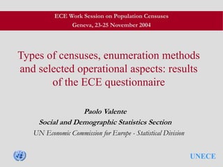 UNECE
Types of censuses, enumeration methods
and selected operational aspects: results
of the ECE questionnaire
Paolo Valente
Social and Demographic Statistics Section
UN Economic Commission for Europe - Statistical Division
ECE Work Session on Population Censuses
Geneva, 23-25 November 2004
 
