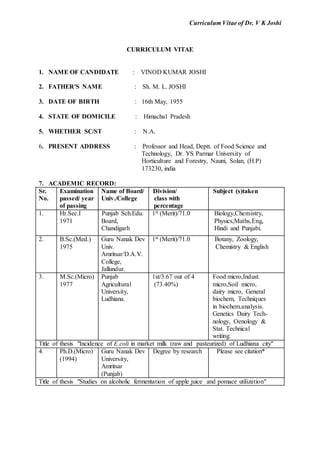 Curriculum Vitae of Dr. V K Joshi
CURRICULUM VITAE
1. NAME OF CANDIDATE : VINOD KUMAR JOSHI
2. FATHER'S NAME : Sh. M. L. JOSHI
3. DATE OF BIRTH : 16th May, 1955
4. STATE OF DOMICILE : Himachal Pradesh
5. WHETHER SC/ST : N.A.
6. PRESENT ADDRESS : Professor and Head, Deptt. of Food Science and
Technology, Dr. YS Parmar University of
Horticulture and Forestry, Nauni, Solan, (H.P)
173230, india
7. ACADEMIC RECORD:
Sr.
No.
Examination
passed/ year
of passing
Name of Board/
Univ./College
Division/
class with
percentage
Subject (s)taken
1. Hr.Sec.I
1971
Punjab Sch.Edu.
Board,
Chandigarh
1st (Merit)/71.0 Biology,Chemistry,
Physics,Maths,Eng,
Hindi and Punjabi.
2. B.Sc.(Med.)
1975
Guru Nanak Dev
Univ.
Amritsar/D.A.V.
College,
Jallundur.
1st (Merit)/71.0 Botany, Zoology,
Chemistry & English
3. M.Sc.(Micro)
1977
Punjab
Agricultural
University,
Ludhiana.
1st/3.67 out of 4
(73.40%)
Food micro,Indust.
micro,Soil micro,
dairy micro, General
biochem, Techniques
in biochem.analysis.
Genetics Dairy Tech-
nology, Oenology &
Stat. Technical
writing.
Title of thesis "Incidence of E.coli in market milk (raw and pasteurized) of Ludhiana city"
4. Ph.D.(Micro)
(1994)
Guru Nanak Dev
University,
Amritsar
(Punjab)
Degree by research Please see citation*
Title of thesis "Studies on alcoholic fermentation of apple juice and pomace utilization"
 