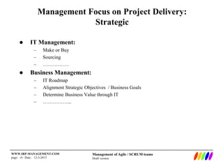 Management of Agile / SCRUM teams
Draft version
WWW.IRP-MANAGEMENT.COM
page: ‹#› Date: 12-3-2015
Management Focus on Project Delivery:
Strategic
 IT Management:
– Make or Buy
– Sourcing
– …………….
 Business Management:
– IT Roadmap
– Alignment Strategic Objectives / Business Goals
– Determine Business Value through IT
– ……………...
 